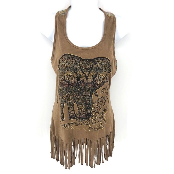 Maurices Fringe Boho Elephant Tribal Tank Top Shirt Safari Brown Size XS - Picture 9 of 9